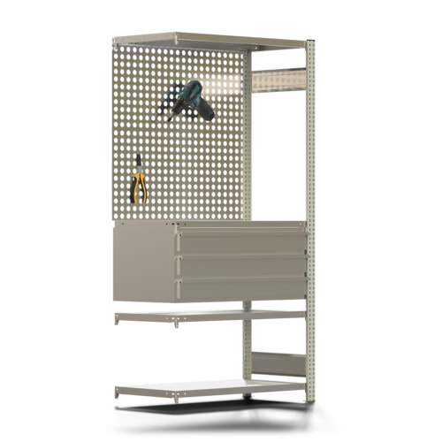 Fachbodenregal mit Lochwand / 150 kg / 4 Fachböden / 3 Schubladen / verzinkt - Bild 4 von 5