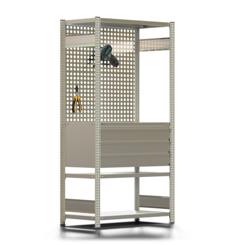 Fachbodenregal mit Lochwand / 150 kg / 4 Fachböden / 3 Schubladen / verzinkt - Bild 5 von 5